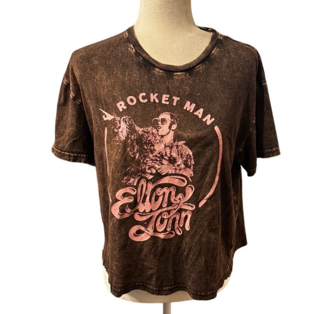 Elton John Rocket Man Graphic Band Tee Acid Wash Black Pink XL